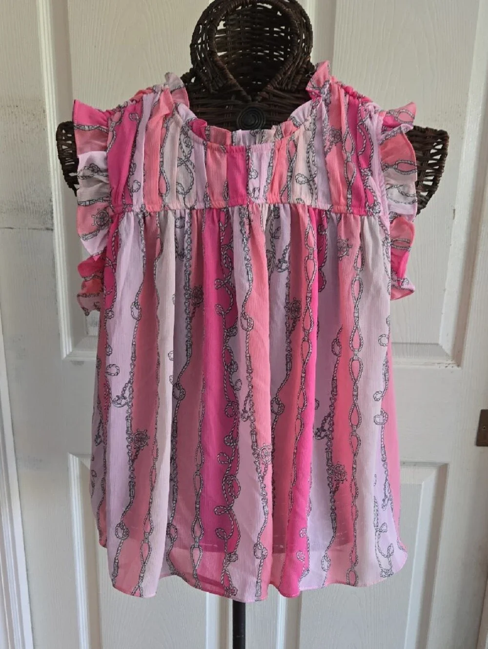 77 Park Women's Pink Striped Ruffle Sleeve Camisole-Size XL